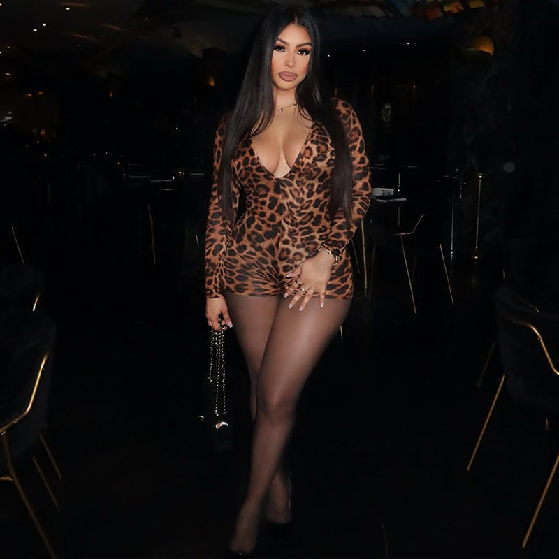 Damen stylischer Leopardenmuster Bodysuit mit V-Ausschnitt und langen Ärmeln EB