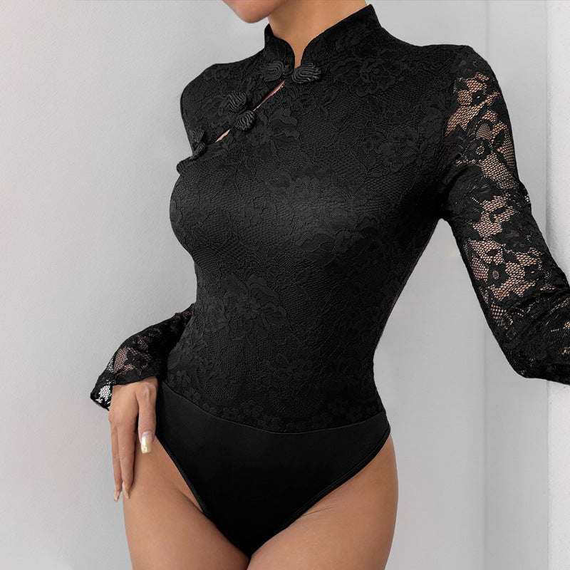 Damen Spitzenbody mit elegantem Stehkragen und langem Ärmel EB