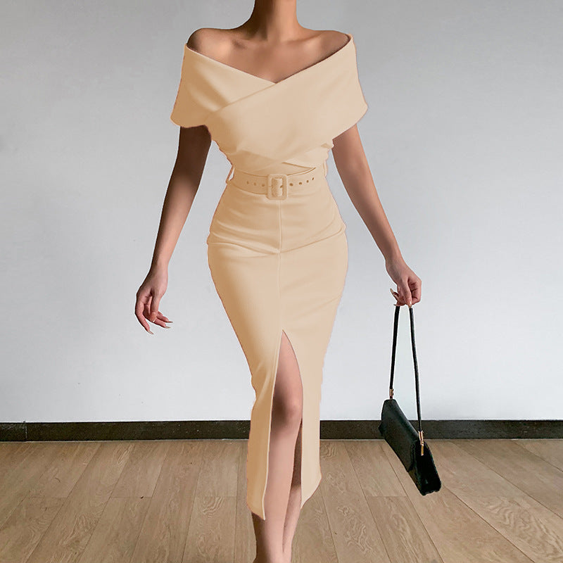 Damen figurbetontes Midi-Kleid mit Off-Shoulder-Ausschnitt und seitlichem Schlitz EB