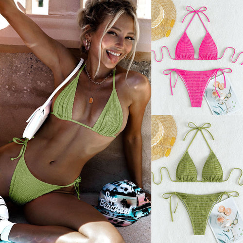 Damen Triangel-Bikini mit feinen Raffung und seitlichen Bindebändern EB