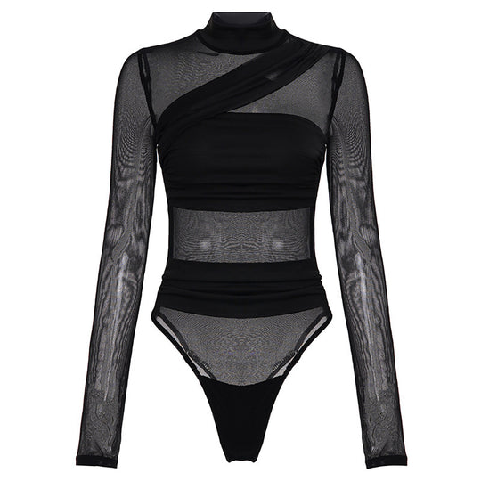 Damen Langarm Body mit transparentem Tüll-Design und eleganter Schnittführung EB