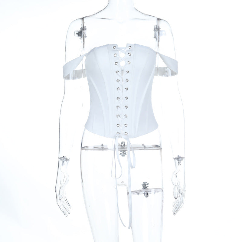 Damen Korsett-Oberteil mit schulterfreiem Design und dekorativen Schnürdetails EB