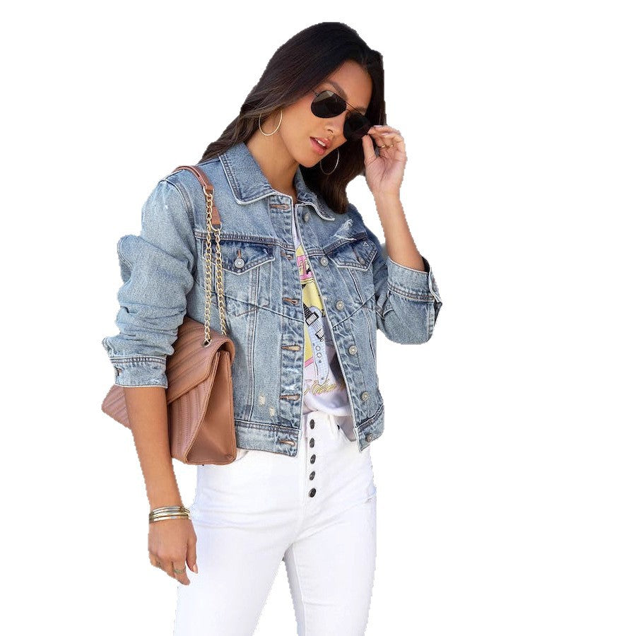 Damen trendige Denimjacke im lässigen Oversize-Schnitt mit fransigen Ärmeln EB