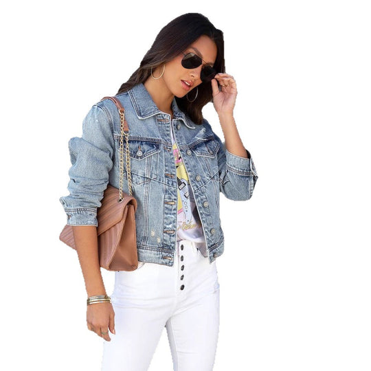Damen trendige Denimjacke im lässigen Oversize-Schnitt mit fransigen Ärmeln EB