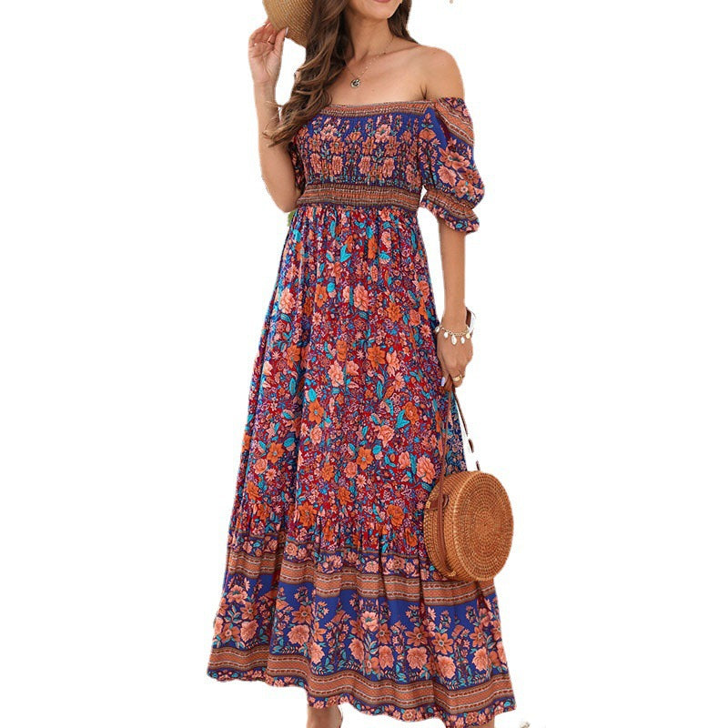 Damen Maxikleid mit voluminösen Puffärmeln und floralem Muster EB