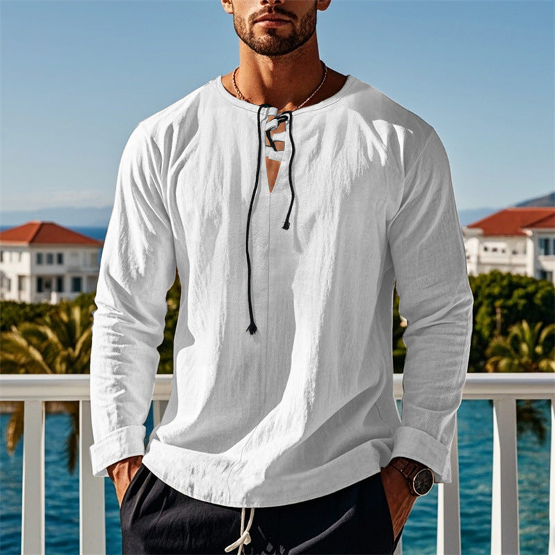 Herren modisches Langarmshirt mit Schnürung und V-Ausschnitt EB