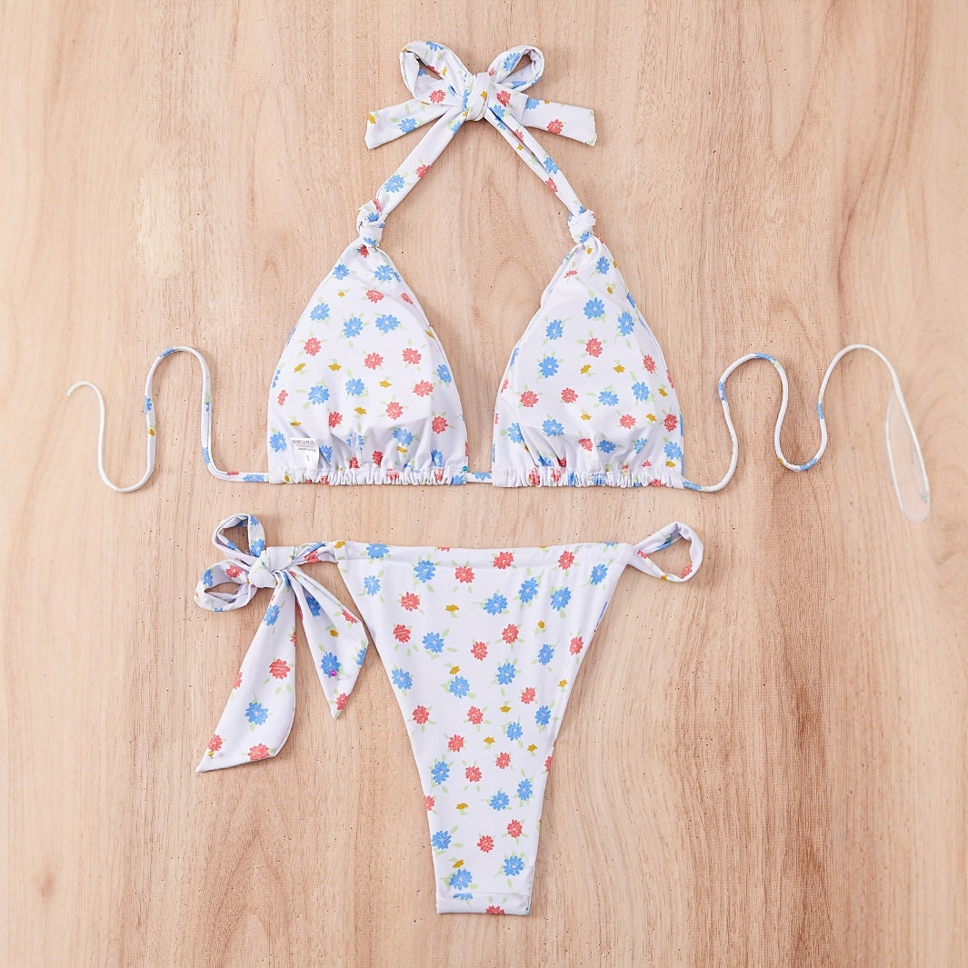 Damen Floral gemusterter Triangel-Bikini mit verspieltem Bindeband EB