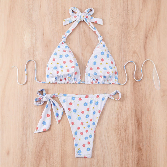 Damen Floral gemusterter Triangel-Bikini mit verspieltem Bindeband EB
