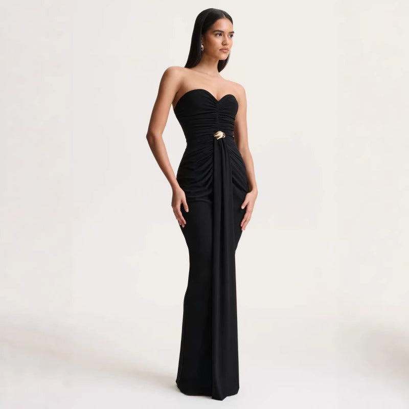 Damen Elegantes langes Abendkleid mit gerafftem Oberteil und goldener Schnalle EB