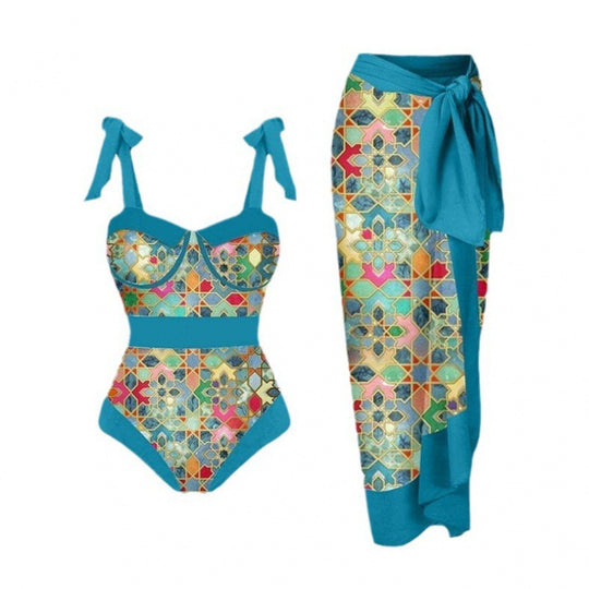 Damen Bikini-Set mit floralem Design und elegantem Überrock EB