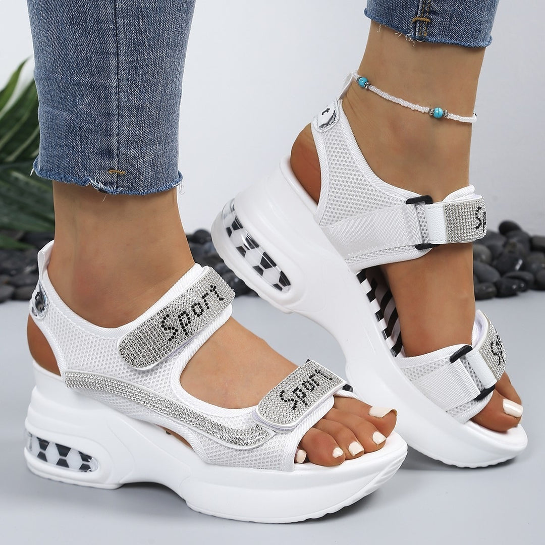Damen Sportliche Plateausandalen mit Mesh-Obermaterial, Klettverschluss und Ziersteinen EB