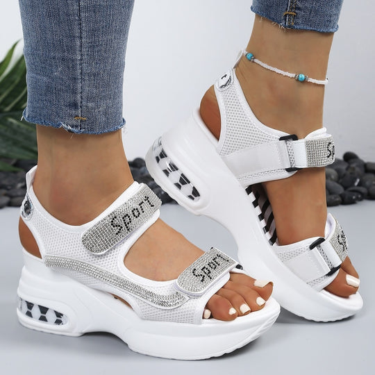 Damen Sportliche Plateausandalen mit Mesh-Obermaterial, Klettverschluss und Ziersteinen EB