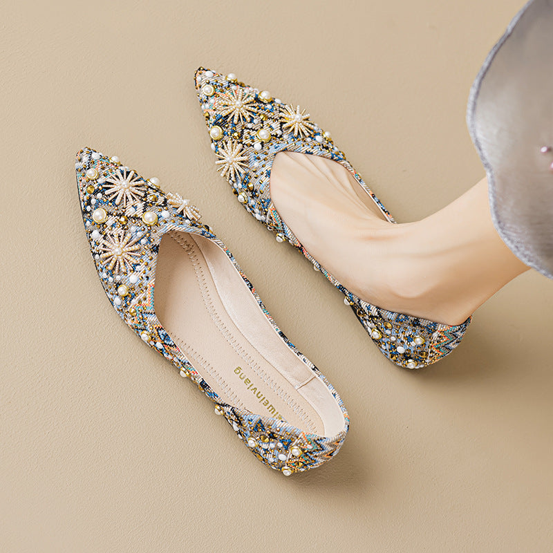 Damen Ballerinas mit funkelnden Perlenapplikationen und exquisiter Detailverarbeitung EB