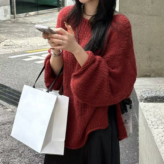 EB | Übergröße Pullover Grobstrick Off Shoulder Langarm Freizeitfit