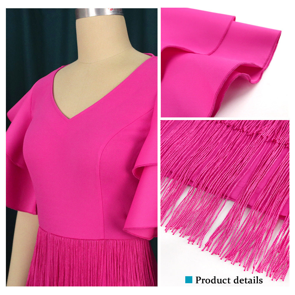Damen Cocktailkleid mit voluminösen Rüschenärmeln und Fransen-Saum EB