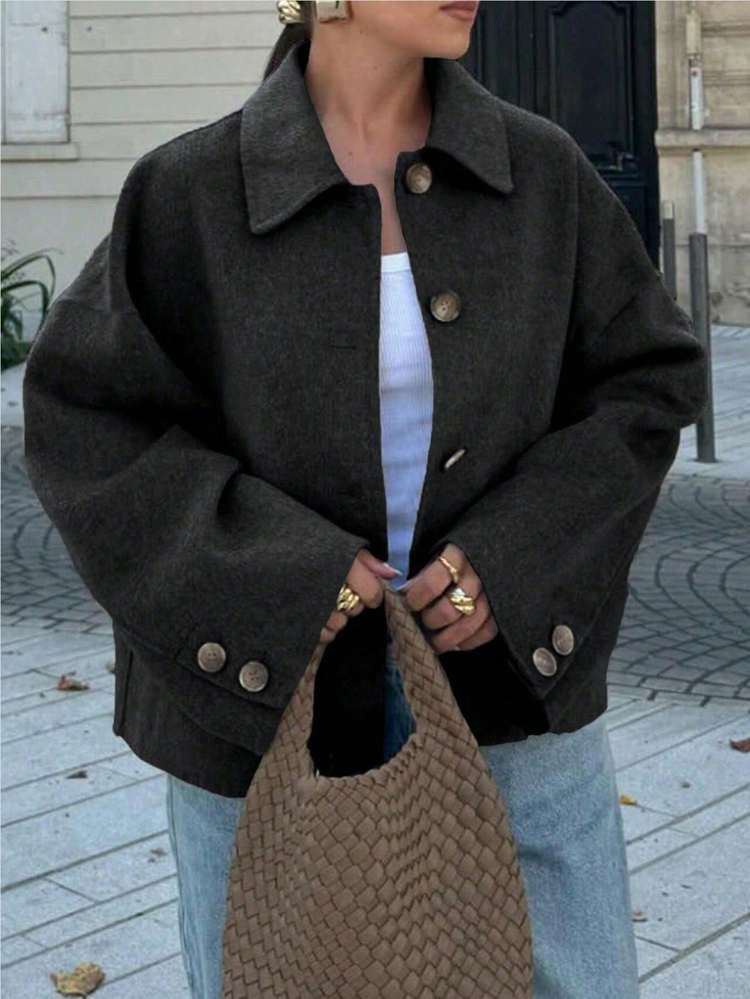 Damen Oversize Wolljacke mit dekorativen Knöpfen EB
