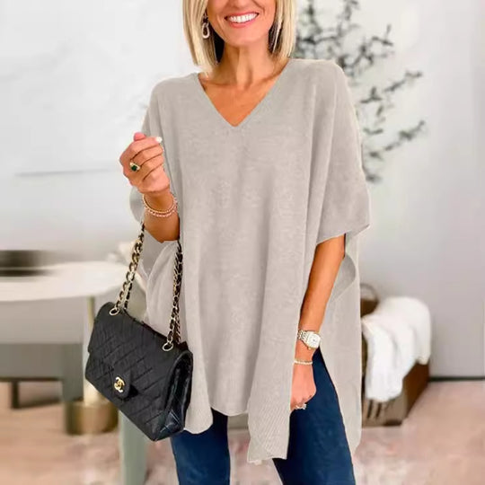 Damen V-Pullover aus feinem Strick mit weit geschnittenen Ärmeln und lässigem Stil EB