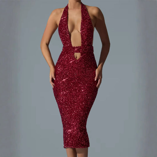 Damen Glamouröses Pailletten-Midi-Kleid mit tiefem V-Ausschnitt und figurbetonter Silhouette EB