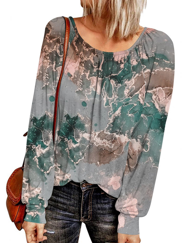 Damen Ethno-Print Oversize-Tunika mit Rundhalsausschnitt und langen Ballonärmeln EB