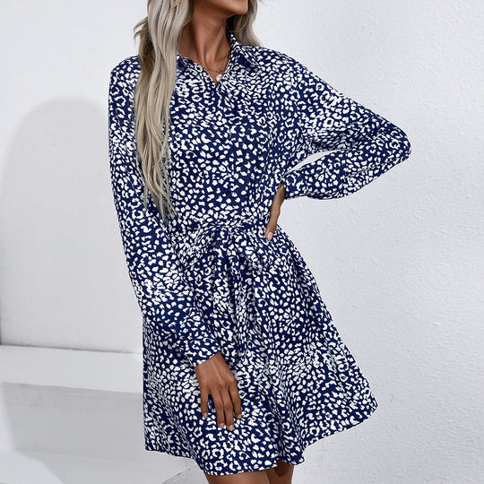 Damen Hemdblusenkleid mit Bindegürtel und modischem Leopardenmuster EB