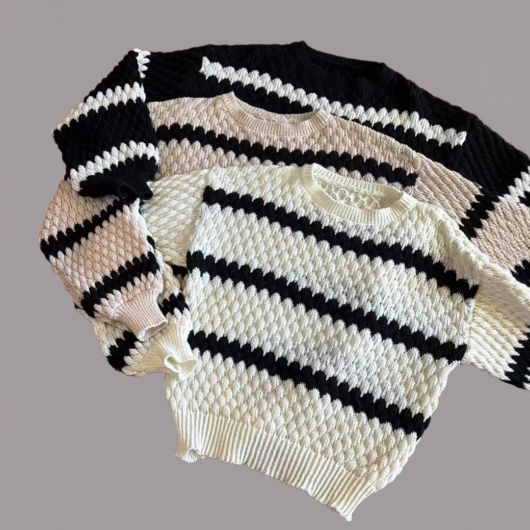 Damen Grobstrickpullover mit auffälligem Wellenmuster und lässigem Schnitt EB