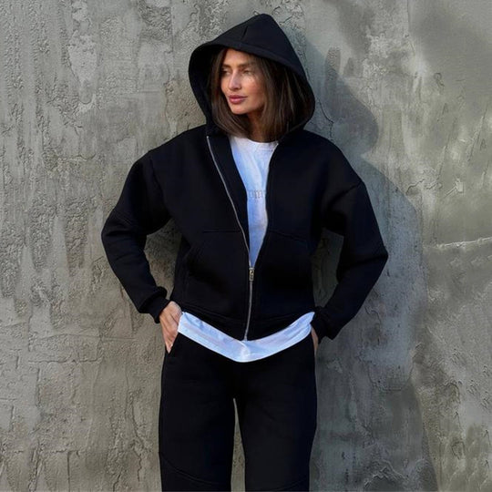 Damen kurzes Zip-Hoodie und hochtaillierte Komfort-Jogginghose-Set aus weichem Fleece EB