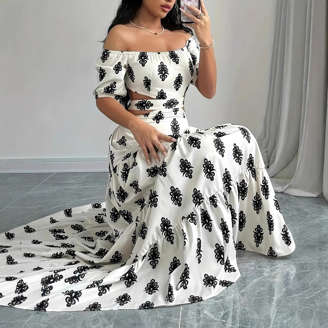 Damen Off-Shoulder Maxikleid mit Rüschendetails und floralen Mustern EB