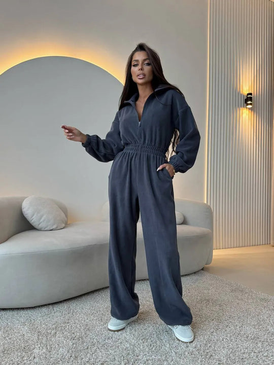 Damen Oversized Loungewear-Jumpsuit mit halbem Reißverschluss und elastischer Taillenraffung EB