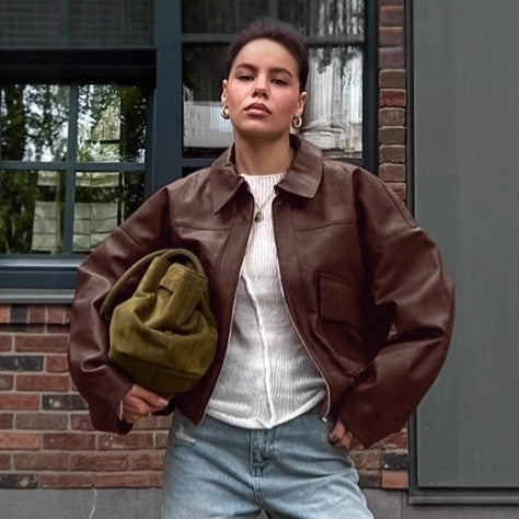 Damen Kunstlederjacke im leicht Oversized-Schnitt mit praktischen Taschen und elastischer Taille EB
