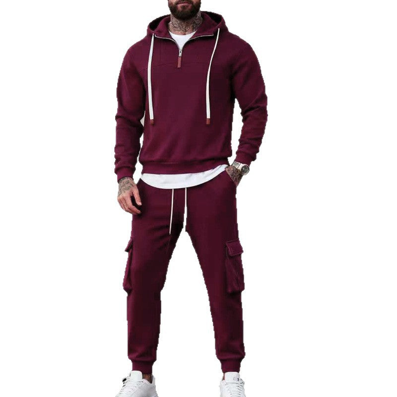 Herren nan lässiger Fleece-Jogginganzug mit halbem Reißverschluss und Cargo-Taschen EB