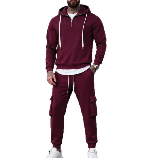 Herren nan lässiger Fleece-Jogginganzug mit halbem Reißverschluss und Cargo-Taschen EB
