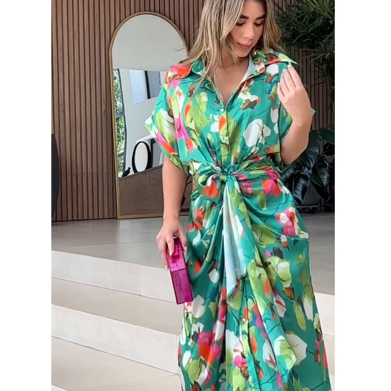 Damen luftiger Kaftan mit floralem Design und dekorativem Knoten EB