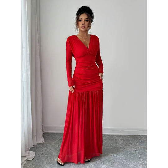 Damen Elegantes und figurbetontes Maxi-Kleid mit V-Ausschnitt und langen Ärmeln EB