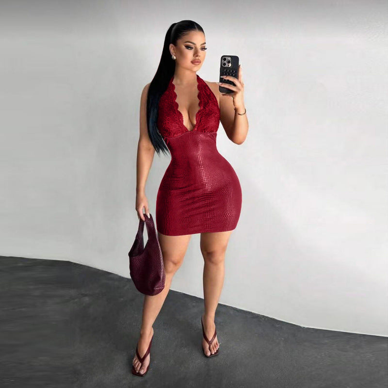 Damen Elegantes Bodycon-Kleid mit Spitzendetails und tiefem V-Ausschnitt EB