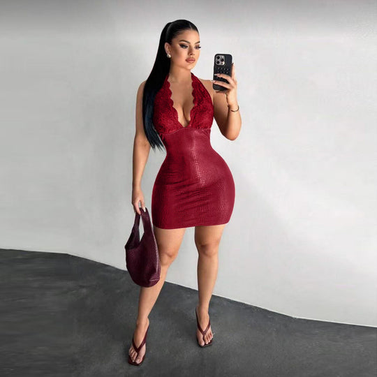 Damen Elegantes Bodycon-Kleid mit Spitzendetails und tiefem V-Ausschnitt EB