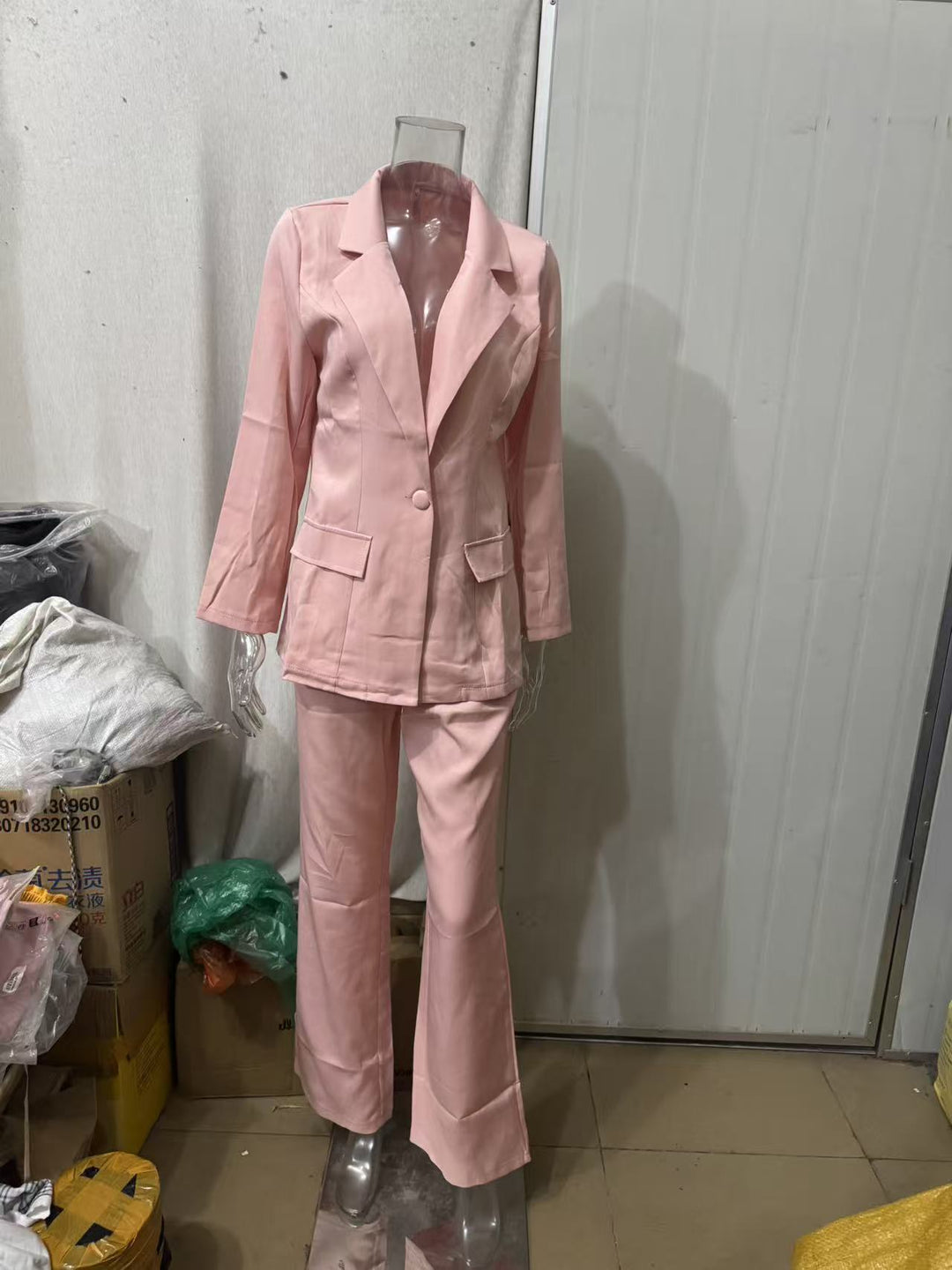 Damen nan eleganter Longline-Blazer mit tiefem V-Ausschnitt und weitem Palazzo-Hosenanzug EB
