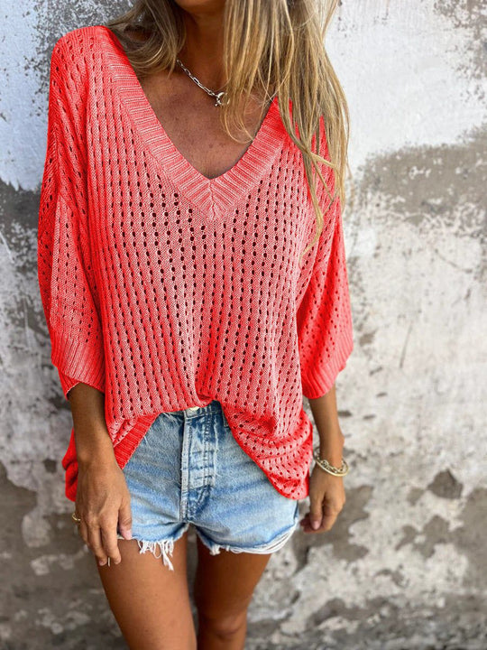 Damen nan luftig gestrickter V-Ausschnitt Pullover im Oversize-Schnitt EB