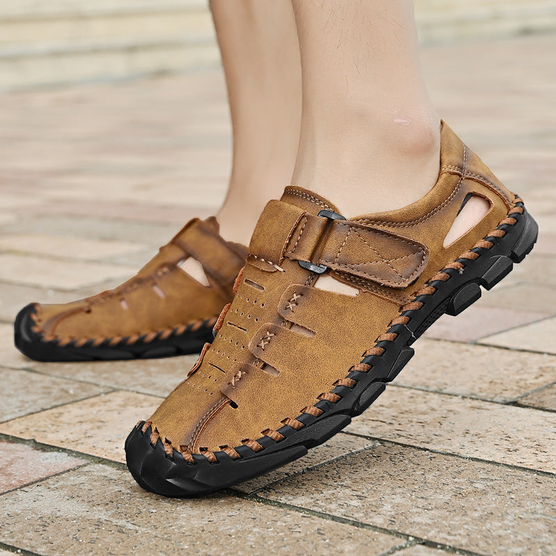 Herren Bequeme Leder-Sandalen mit verstellbarem Klettverschluss EB
