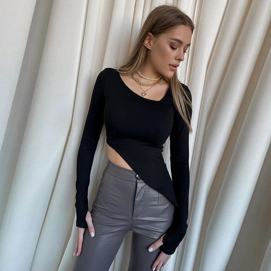 Damen Asymmetrisches tailliertes Cut-Out-Crop-Top mit langen Ärmeln EB
