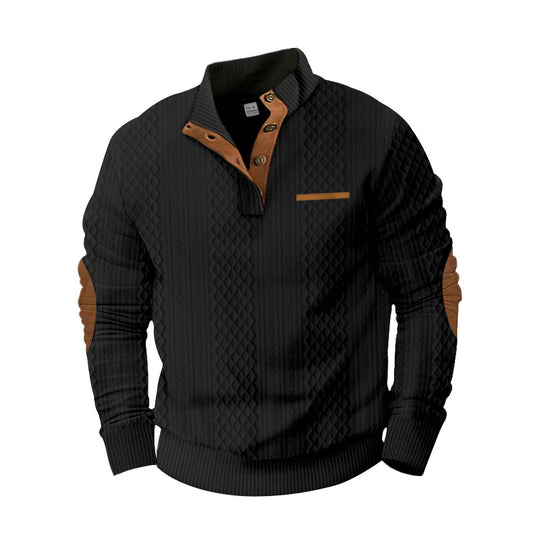 Herren nan strukturierter Strickpullover mit Stehkragen, Knopfleiste und Ellenbogenpatches EB