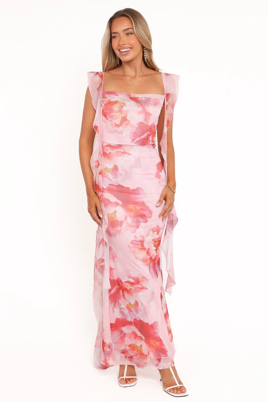 Damen Etuikleid mit romantischem floralem Design und Rüschenärmeln EB