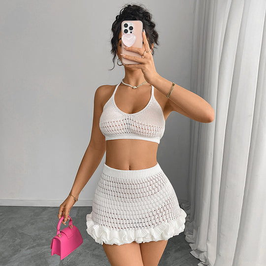 Damen gehäkeltes Crop-Top und Rock Set EB