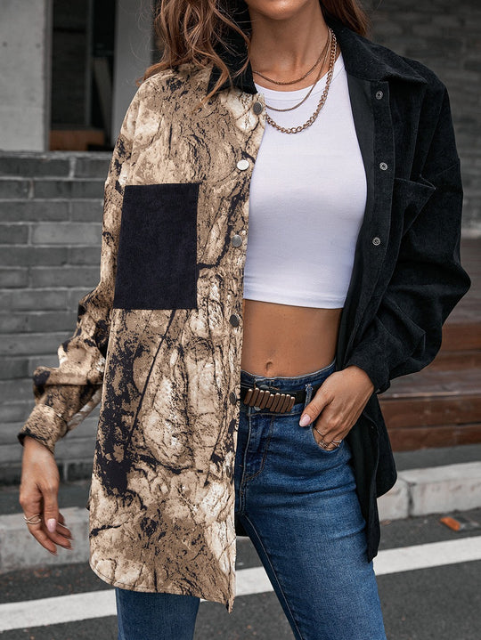 Damen Modische Jacke im Patchwork-Stil mit Druckknopfverschluss und Baumwollmaterial EB