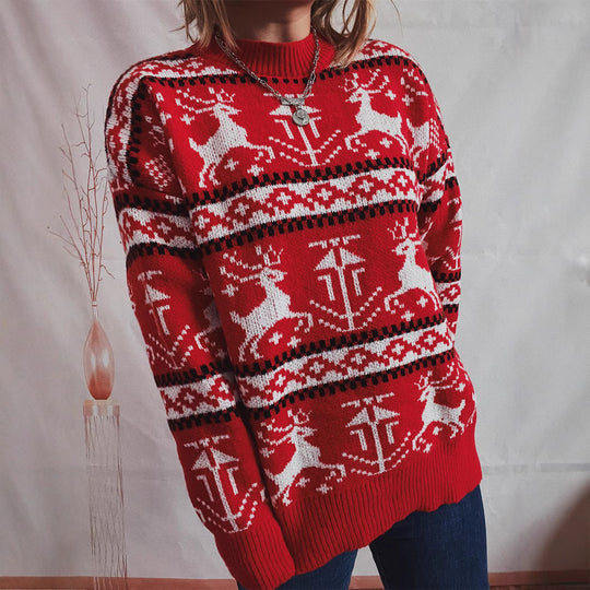Damen Weihnachts-Pullover im festlichen Norwegermuster mit Rundhalsausschnitt EB