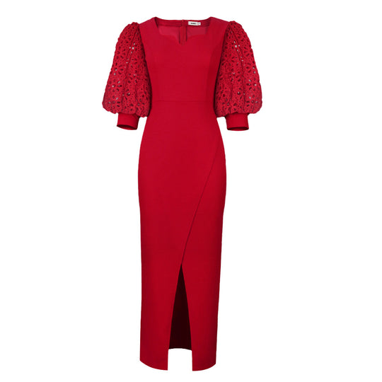 Damen elegantes Maxi-Kleid mit extravaganten Puffärmeln und schickem Schlitz EB