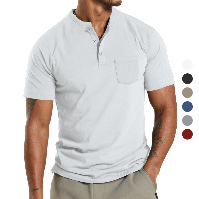 Herren nan atmungsaktives Baumwoll-Elasthan Kurzarm-Henley mit Brusttasche EB