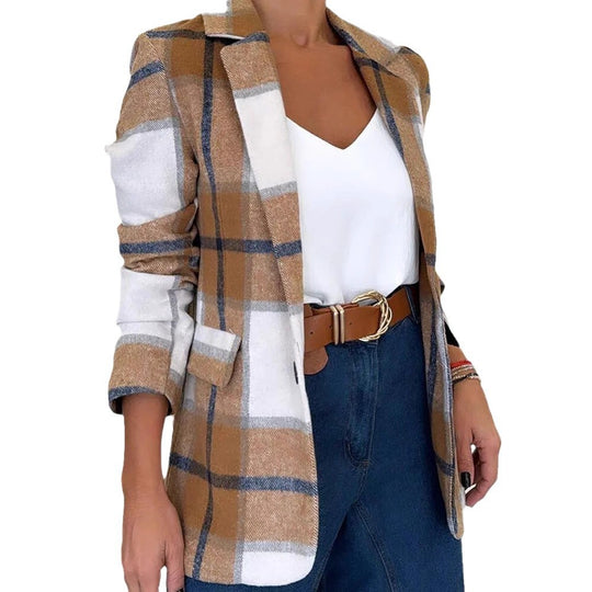Damen Kariertes Blazerjacke aus weichem Material mit eleganten Details EB