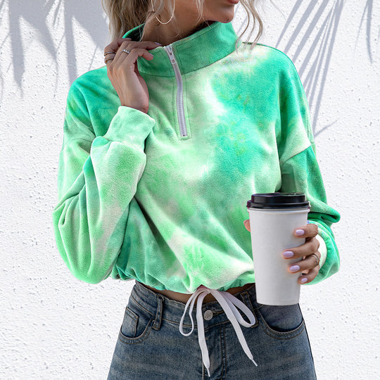 Damen modischer Fleece-Pullover mit Stehkragen und Kordelzug EB