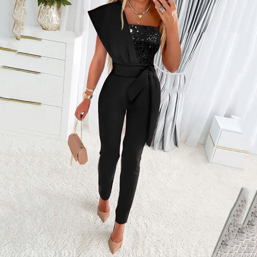 Damen One-Shoulder Jumpsuit mit glitzerndem Oberteil und Taillengürtel EB
