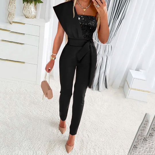 Damen One-Shoulder Jumpsuit mit glitzerndem Oberteil und Taillengürtel EB